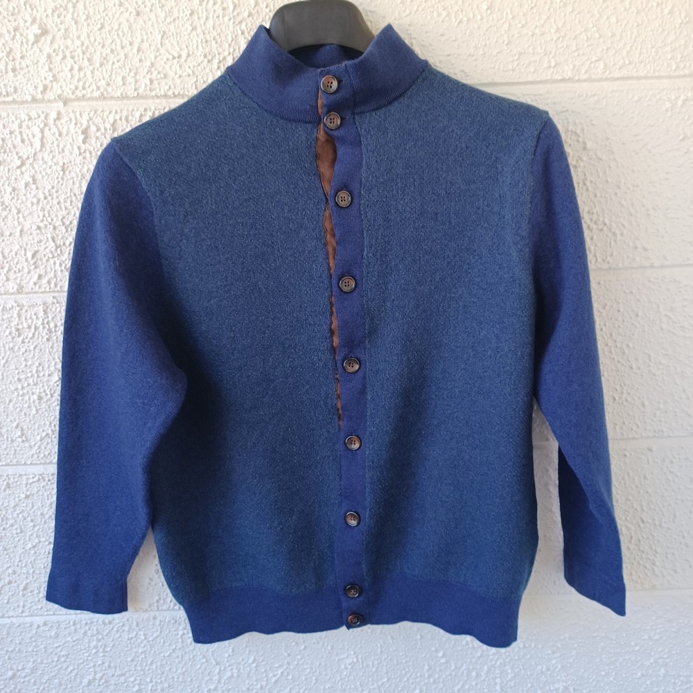 Turtleson Men‎ Blue 100% Extra Fine Merino Wool Mock Neck Button Cardigan Medium